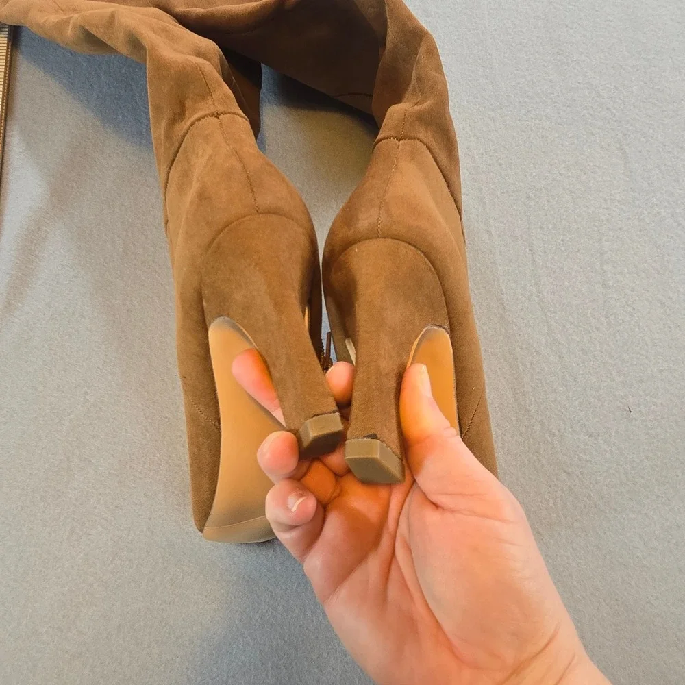 Madden Girl Sizzlee Boots Women 6 Cognac Brown Faux Suede Pointed Toe Block Heel